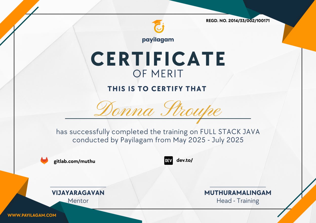 Certificate of Payilagam the Best Software Training Institute in Velachery